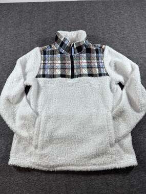 Vera Bradley White Teddy Sherpa Fleece Half-Zip Pullover Quilted Plaid Yoke